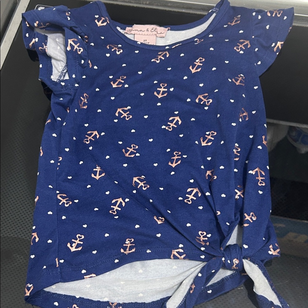 Girls 2T top only short sleeve side crop tie navy anchor hearts soft
